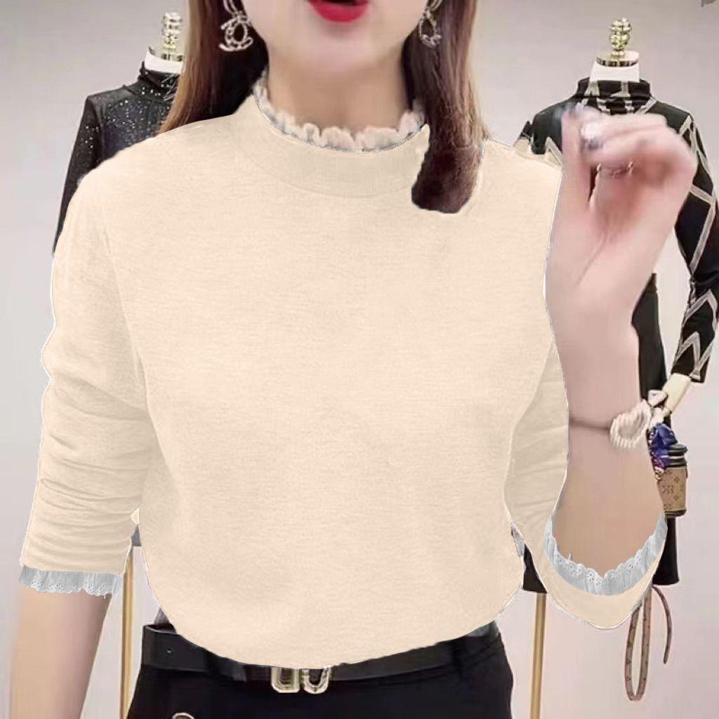 Women's Stylish Thermal Fleece Long Sleeve Lace T-Shirt, Slimming Warm Base Layer, Half-High Neck, Perfect for Autumn/Winter.