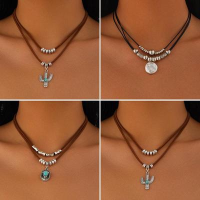 Set Collana con Ciondolo Irregolare Turchese e Cactus in Lega Transfrontaliero Europeo e Americano