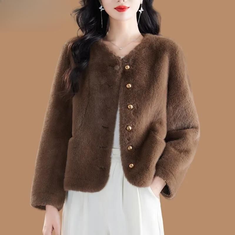 

Autumn and Winter Thickened Short Jacket Women s High-end Warm Fur Jacket XXXL кавовий