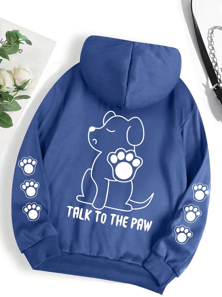Sprich mit der Pfote Lustiger Hunde-Cartoon-Print Hoodie Damen Warmes Fleece Kapuzenpullover Mode Lässig Kapuze Herbst Locker Rundhals Damen Oberteile