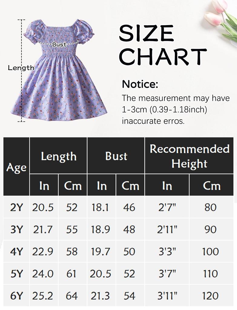 Maeau Short Sleeve Floral Square Puff Princess Perfect for School or Size 3Y Girls' Dress, Print, Neck, Sleeves, Style, Stylish, Casual, Kindergarten,