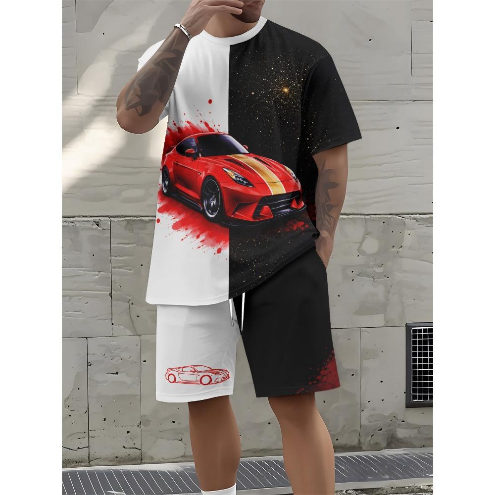 Men's Summer Comfortable Fashionable Colorful Letter Car Pattern 3D Printed 2-piece Set Leisure Sports Style Loose Oversized Breathable Sports Wear