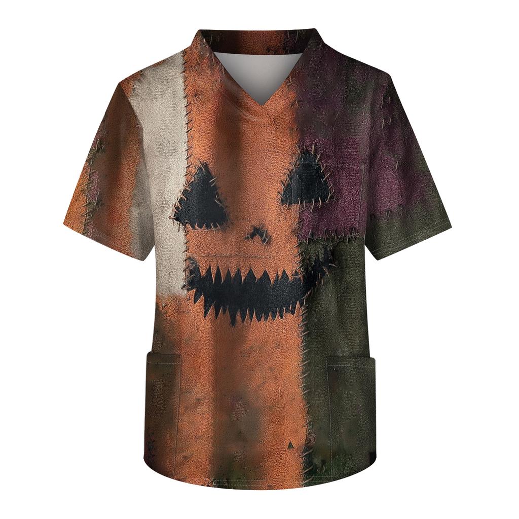 Men's Printing Short Sleeve V-neck Working Blouse Chest Pocket Carer Top