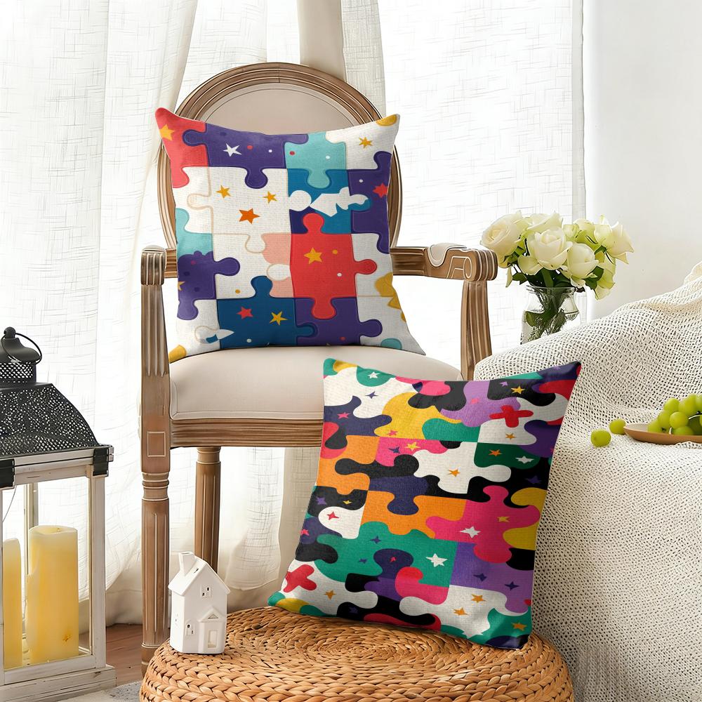Fun Puzzle Patterns Cushion Cover Natural Linen Organic Fabric DoubleSided Printing Sofa Home Decor Gift Pillow Cover