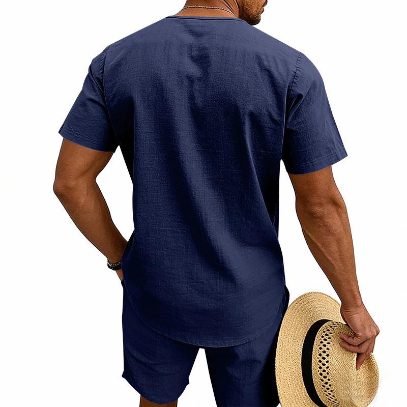 Men's Linen V-Neck Short Sleeve T-Shirt and Shorts Set - Solid Color Beach Casual Wear