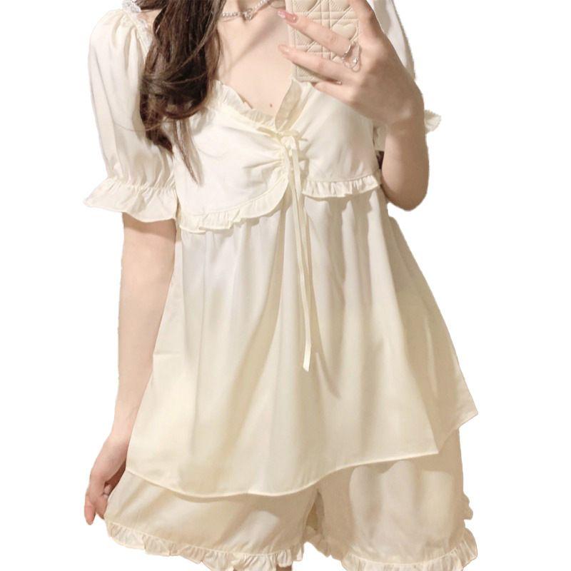 Sweet Style Ice Silk Pajamas for Women's Summer Pure Desire Short Sleeved Home Clothing Set