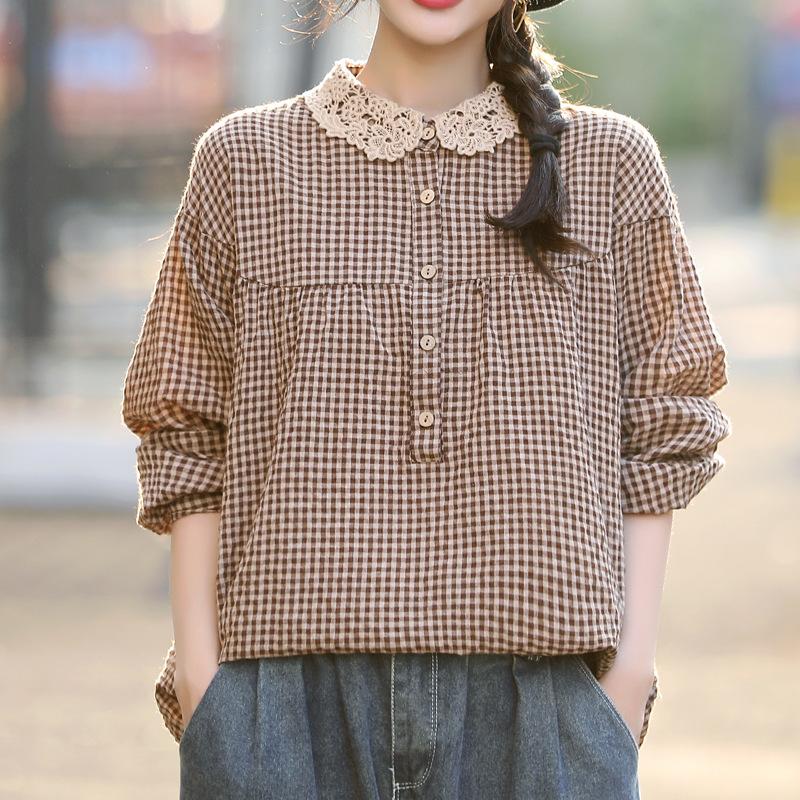 Camicie casual a maniche lunghe da donna, stile semplice primaverile, colletto in pizzo, vintage, a quadri, larghe, in cotone