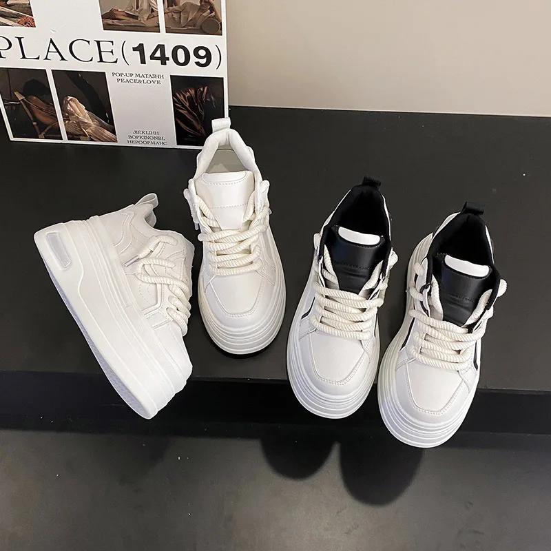Black White Color Matching Sneakers for Women's Spring Autumn Lace Up  Thick Bottom Elevated Sponge Casual Sports Shoe