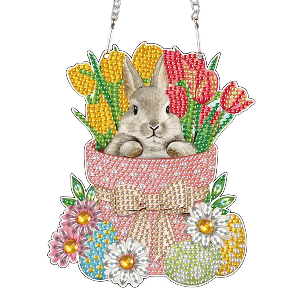 Special Shape Easter Rabbit Wreath Rhinestone Diamond Art Pendants Diamond Painting Hanging Pendant for Garden Window Decor