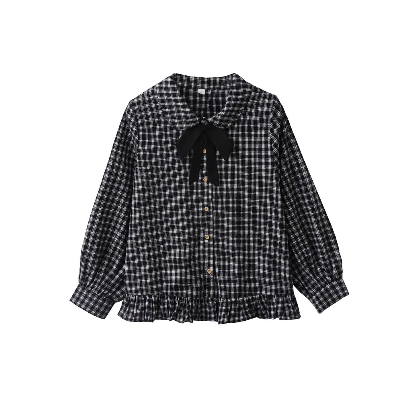 

Mori-kei Retro Plaid Bowknot Ruffle Shirt for Women - Spring/Fall One Size