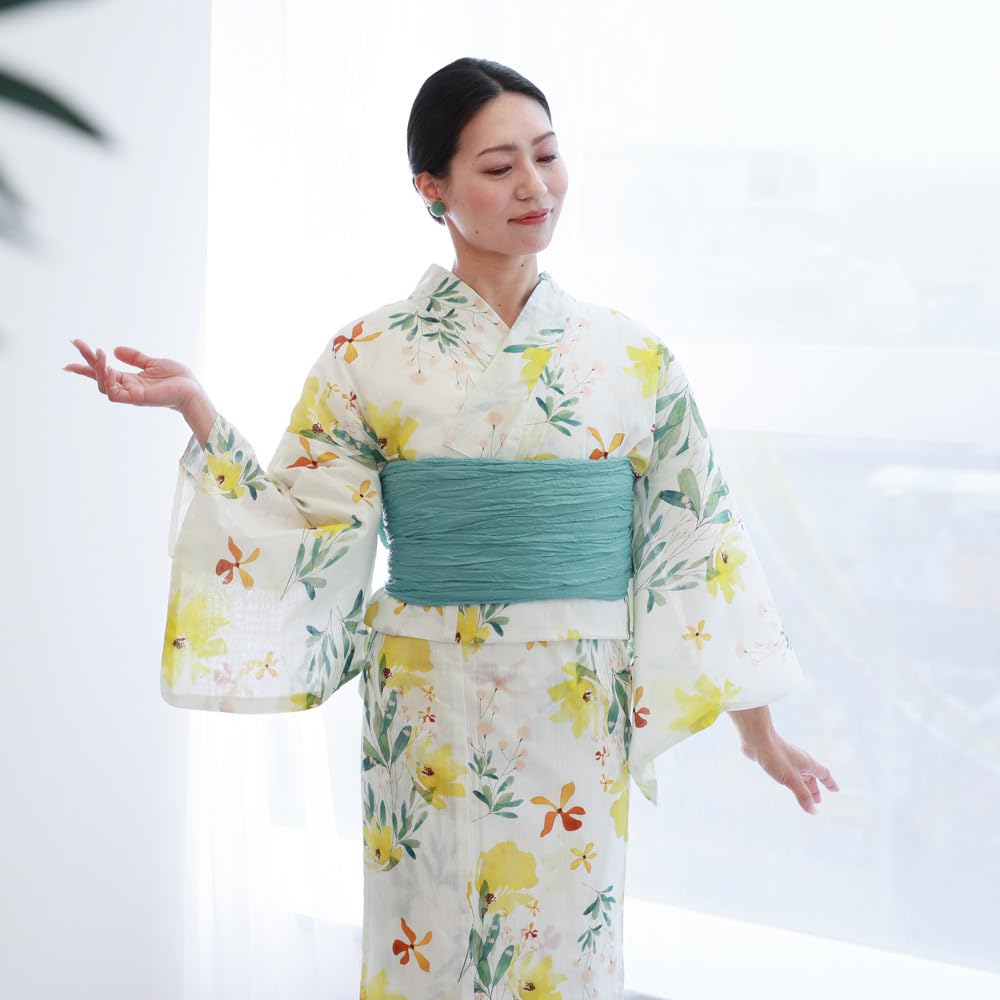 Kyoto Kimono Yuzen Women's Yukata and Obi Set, 2-Piece, Floral Print, Summer Kimono (Yellow)