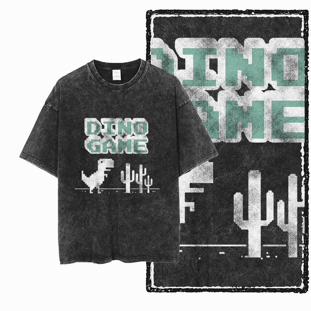 ZH DINO GAME THEME Printed Cotton Acid Washed Exclusive Graphic Unisex T Shirt Cool Streetwear Men Tshirts Big Size Tee for Men