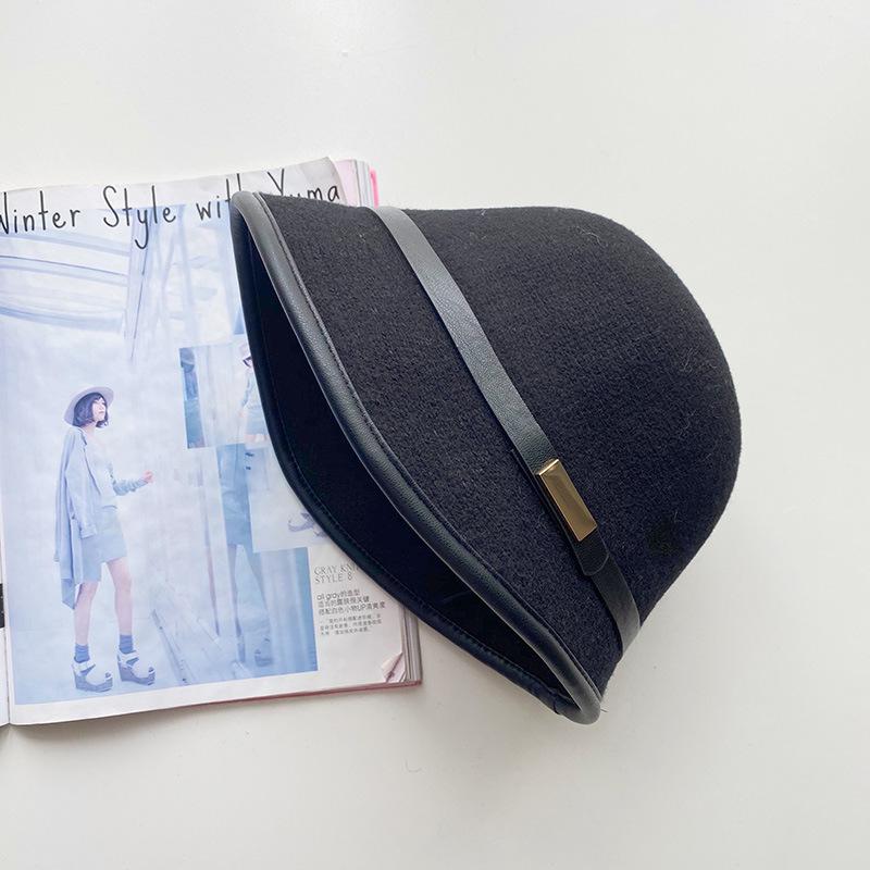 Top Hat Women's Warm Bucket Hat Autumn and Winter Retro Wool Woolen Temperament Basin Hat Front Length and Back Short Brim