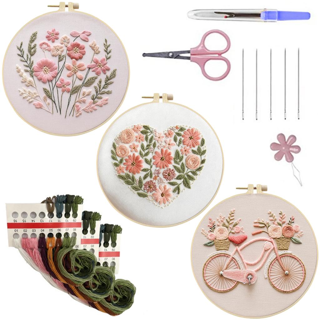 3er Pack Blumenpflanze DIY Stickset mit Stickrahmen Stickstiche Übungsset 30x30cm für Anfänger und Erwachsene
