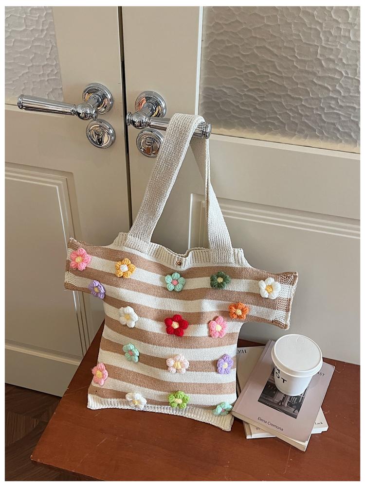 Summer Fashi Large Capacity Youth Beach Handbag  Boho Crochet Shoulder Bags Handmade Floral Striped Knit Tote Bags