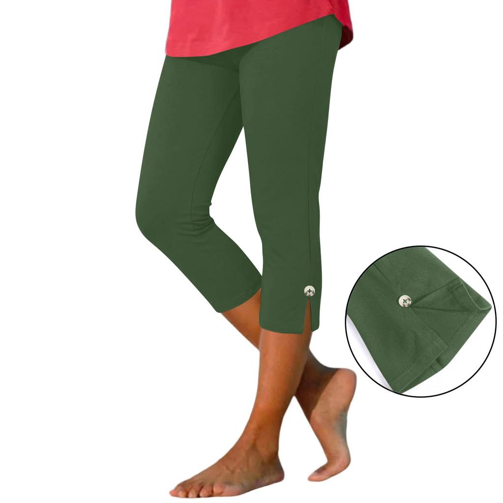Women's Summer Fashion Color Elastic Waist Sports Yoga Button Casual Cropped Pants