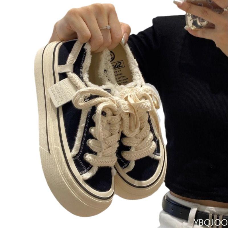 Ladies' casual Sneakers Low cut round toe board shoe Thick soled canvas shoes rough edges Fashion lace up women vulcanized shoes