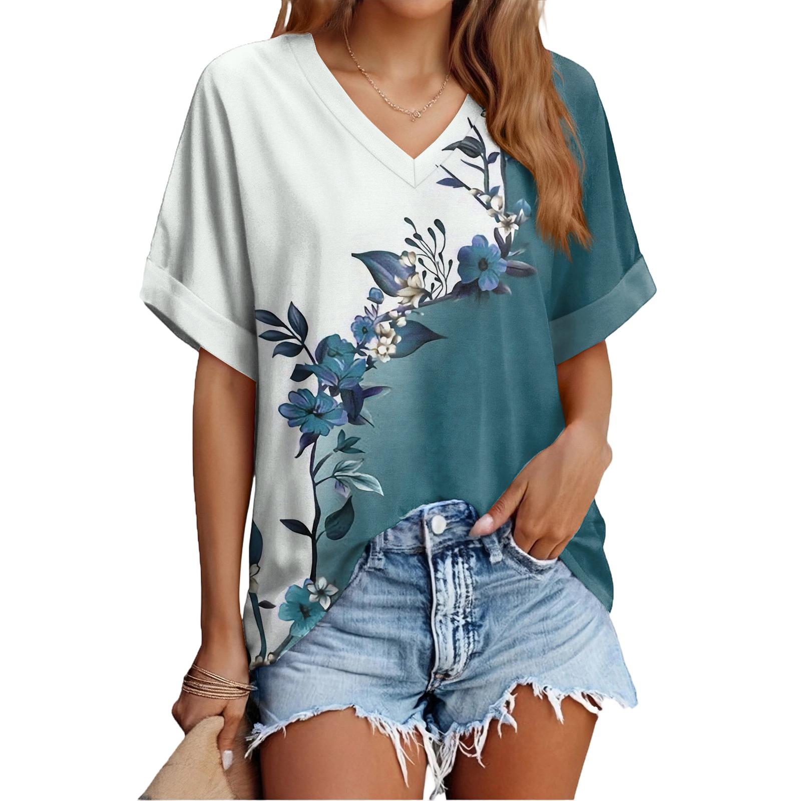 Women s Fashionable Casual Everyday Versatile Floral Print Slim-Fit Summer Short-Sleeve Top S