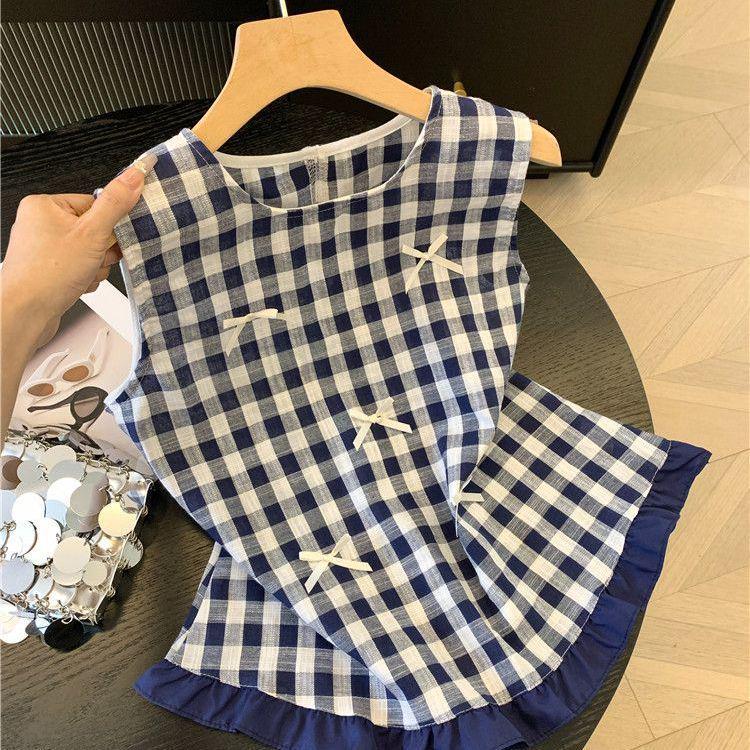Korean Blue Plaid Bowknot Vest Women s Ruffle Hem Sleeveless Top Medium