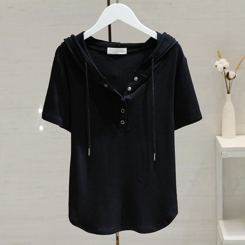 White Drawstring Hooded T-shirt for Women for Short-sleeved Summer Fashionable Loose Slim Versatile T-shirt Base Shirt