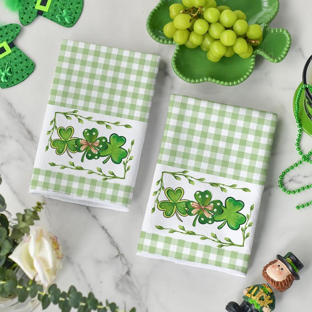 Artoid Mode Buffalo Plaid Clover Shamrock St. Patrick's Day Kitchen Towels Dish Towels, 18x26 Inch Farmhouse Holiday Decoration Hand Towels Set of 2