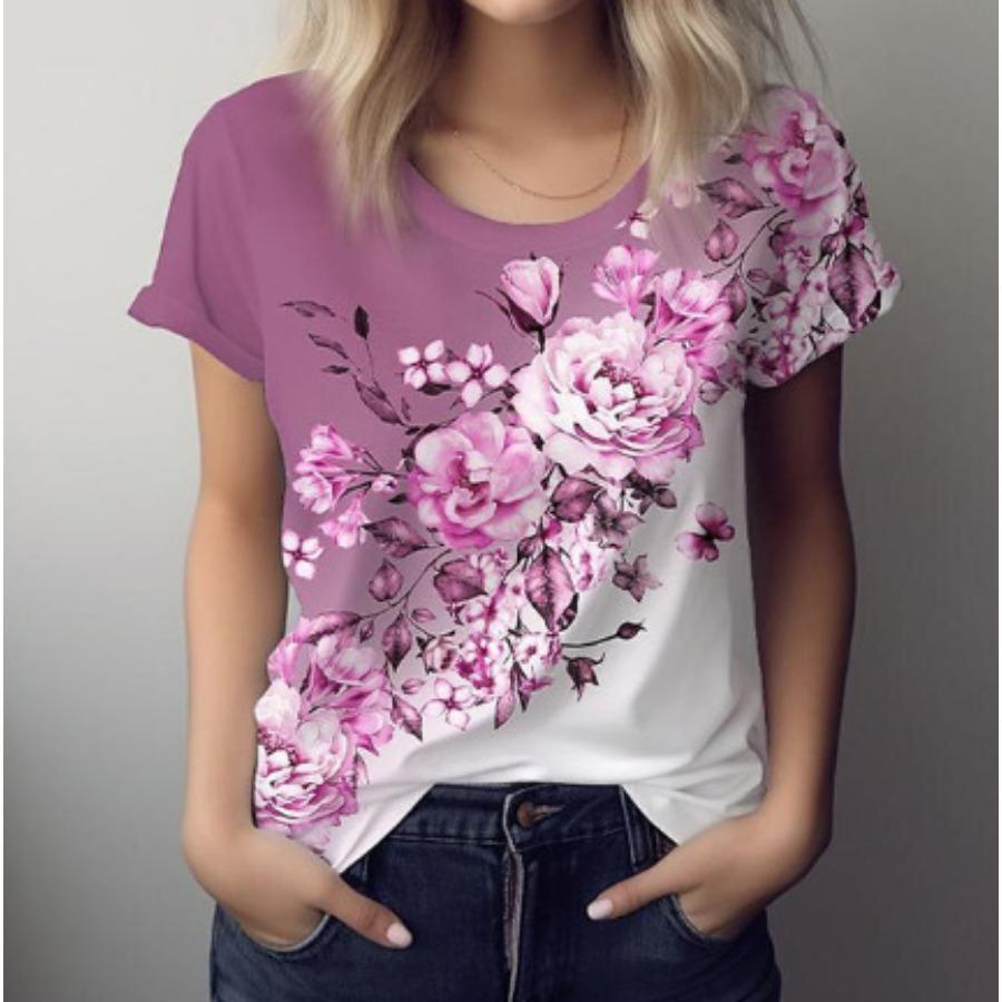 

Футболка с цветочным 3D принтом, летняя женская одежда, топы с круглым вырезом, повседневные футболки с короткими рукавами 5XL