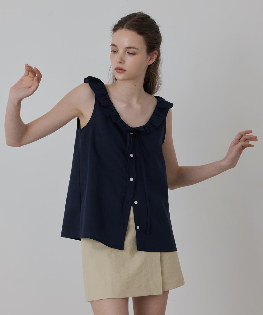 Kwinseulaebis Natural Linen Ruffled Ribbon Vest_Red_2Colors