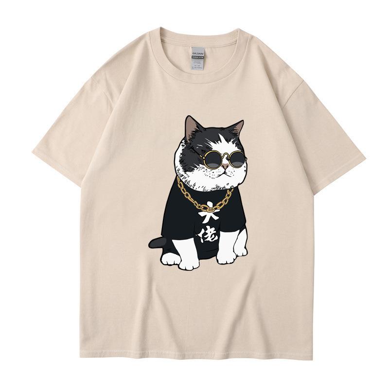 Summer Round Neck Cartoon Cute Big Boss Cat Printed Top Fashionable Casual Pure Cotton Short Sleeved Men's and Women's Unisex T-shirts