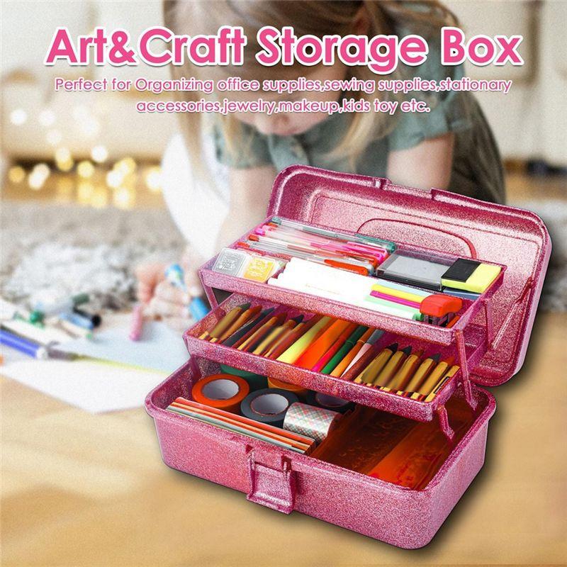 Fresh Glitter Pink & Craft Tool Storage Box,3-Layer Stackable Carry Tackle Box Sewing Box Organizer For Art