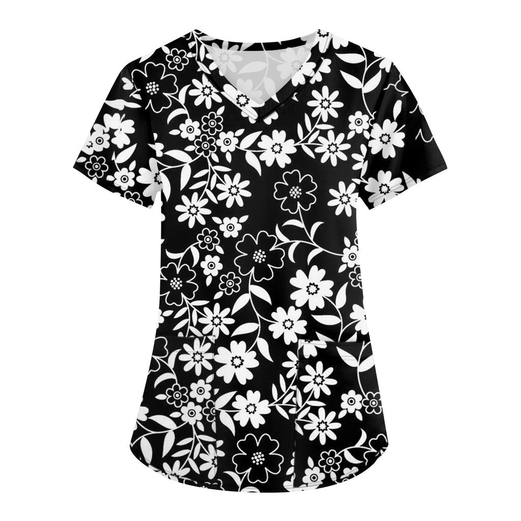 Damen Modisches bedrucktes kurzärmliges Oberteil mit V-Ausschnitt und kleiner Tasche für die Arbeit