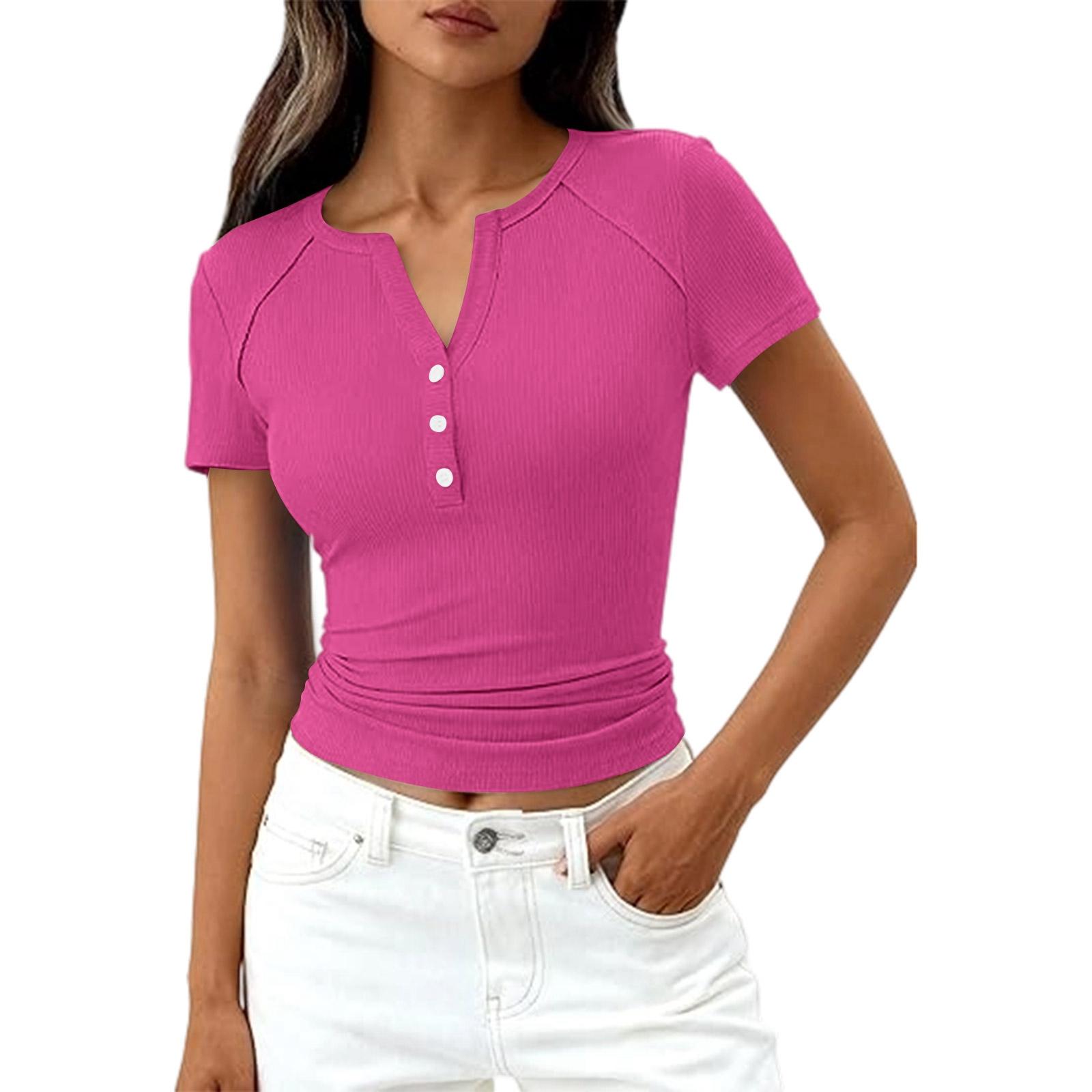 

Women s Fashion Casual Color New Short-Sleeved Decorative Button V-Neck T-Shirt Top L