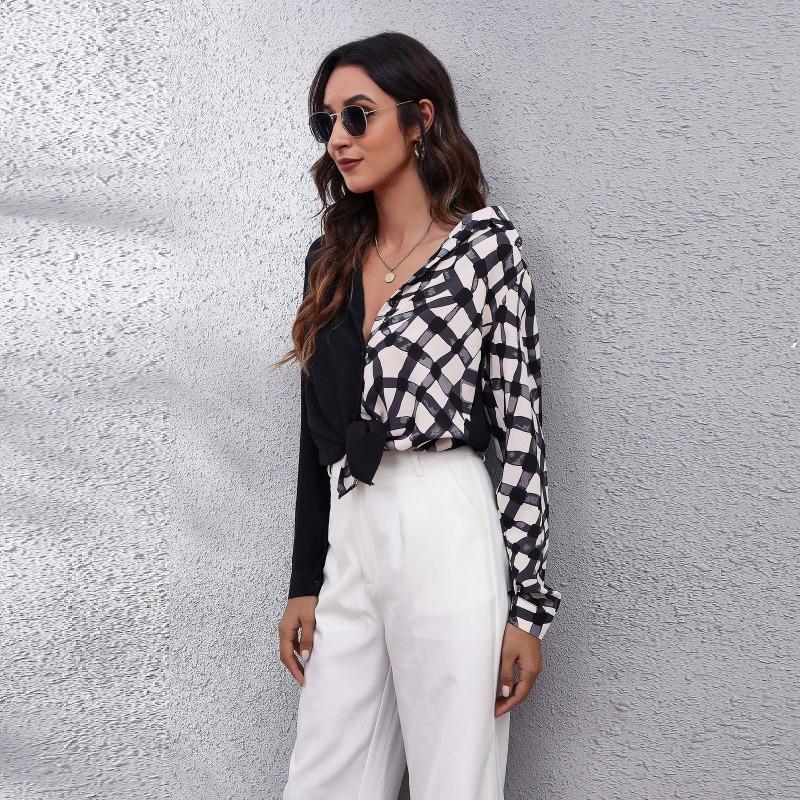 Spring and Autumn Women's Plaid Splicing Bubble Sleeve Long Sleeve Shirt