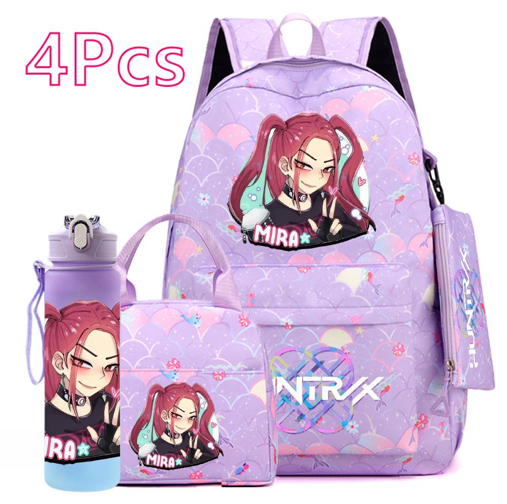 4-teiliges/Set K-POP Bedruckter Rucksack Große Kapazität Schultasche Handtasche Etui Tasche mit 750 ml Wasserflasche Junge Mädchen Schultasche wasserdicht Reisetasche Mochila