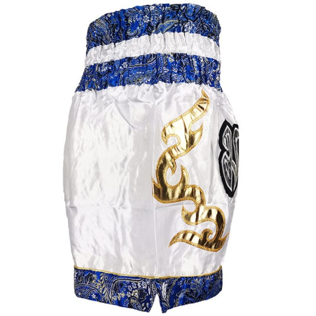 Brighttrust Muay Thai Kickboxing Trunks for Competition and Suitable for and Kids Size K-1 Training, Amateurs, Men, Women, (White & Blue, M)