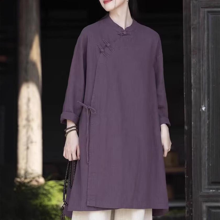 

Топ средней длины из хлопка и льна в стиле ретро 2025 года в китайском стиле с застежкой-пуговицей и завязками для женщин XXL фиолетовый