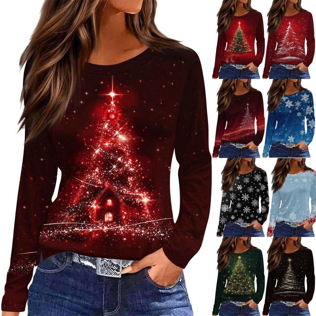 Women's Fashion Casual Slit Hem Round Neck Long Sleeve Loose Christmas Printed T-Shirt Ladies Top