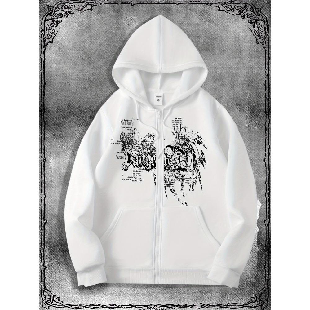 Men's Unique Gothic Zipper Hoodie - Black with White Gothic Art Print, Casual Streetwear Hoodie Bold Pattern Design, Durable Fabric