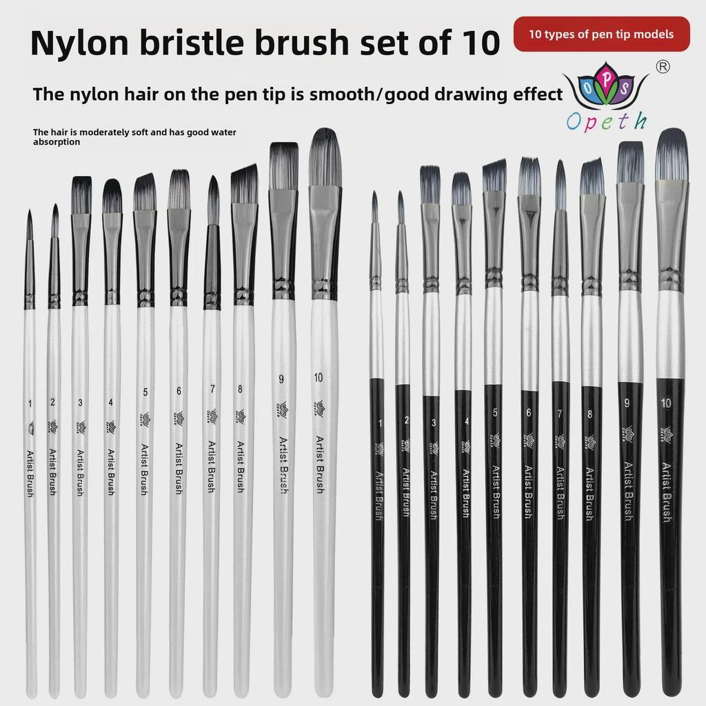 Dual-Color Nylon Hair Brush Set: 10 Pearl White Brushes for Watercolor & Oil Painting