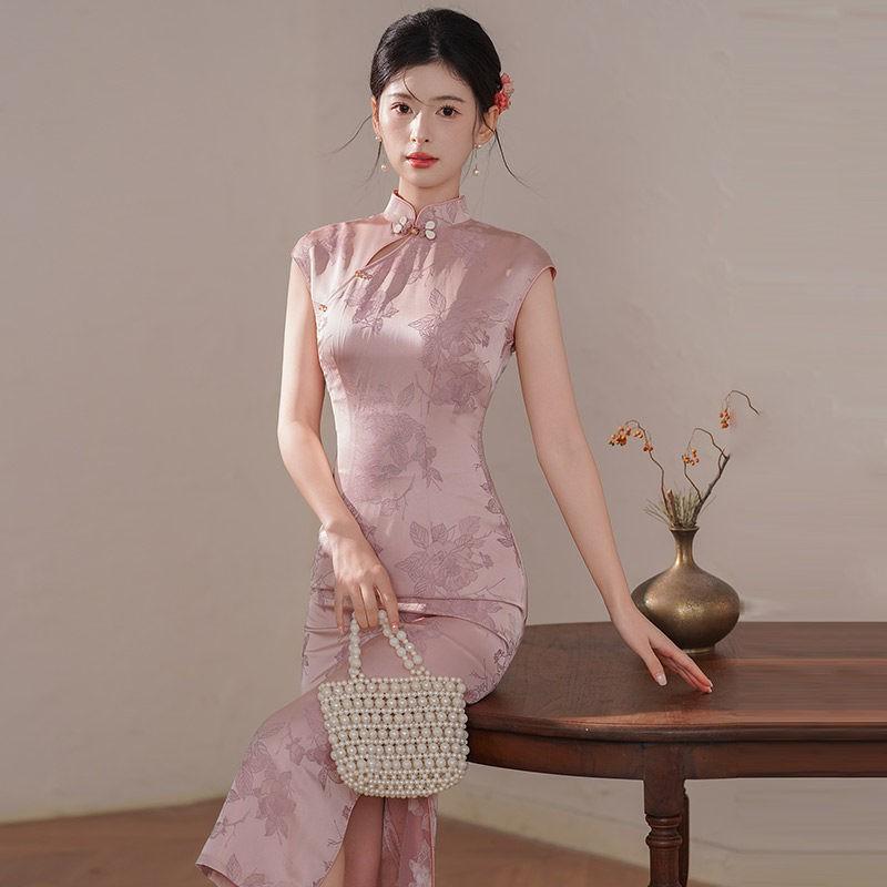 Pink Sleeveless Modern Chinese-Inspired Long Cheongsam Dress Women 2026 Daily Wear