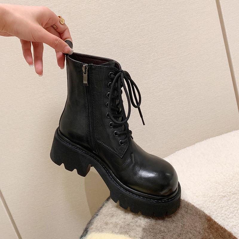 Polished First-layer Cowhide Martin Boots Women's Locomotive Boots Autumn and Winter New Thick-soled Medium Heel Strap Casual Women's Short Boots