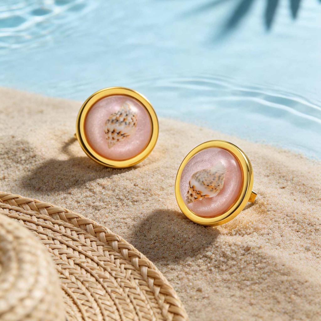 Vnox New Trendy Pink Resin Conch Earrings for Women Stainless Steel French Conch Earrings Summer Holiday Ocean Style Ear Jewelry