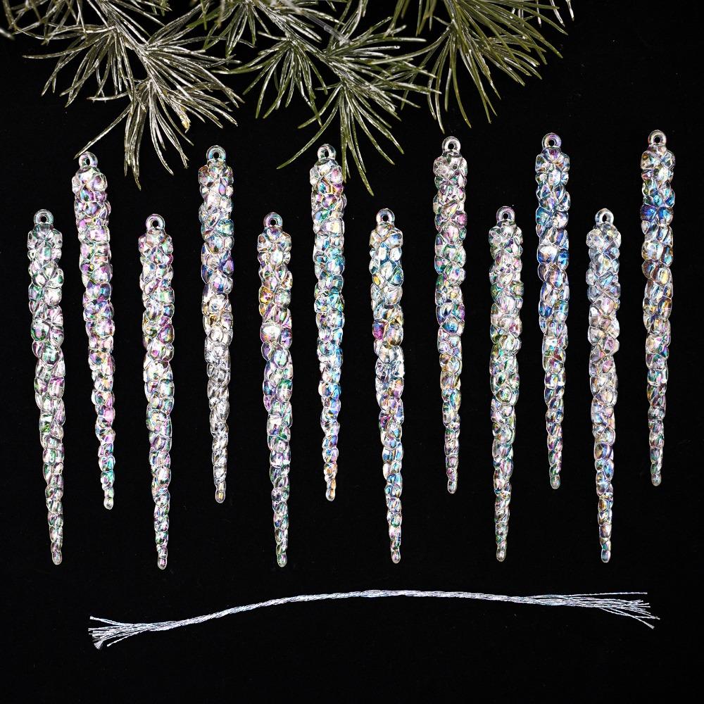 12Pcs Transparent Christmas Icicle Pendants Twisted Design Crushed Ice Acrylic Christmas Tree Ornaments DIY Elegant