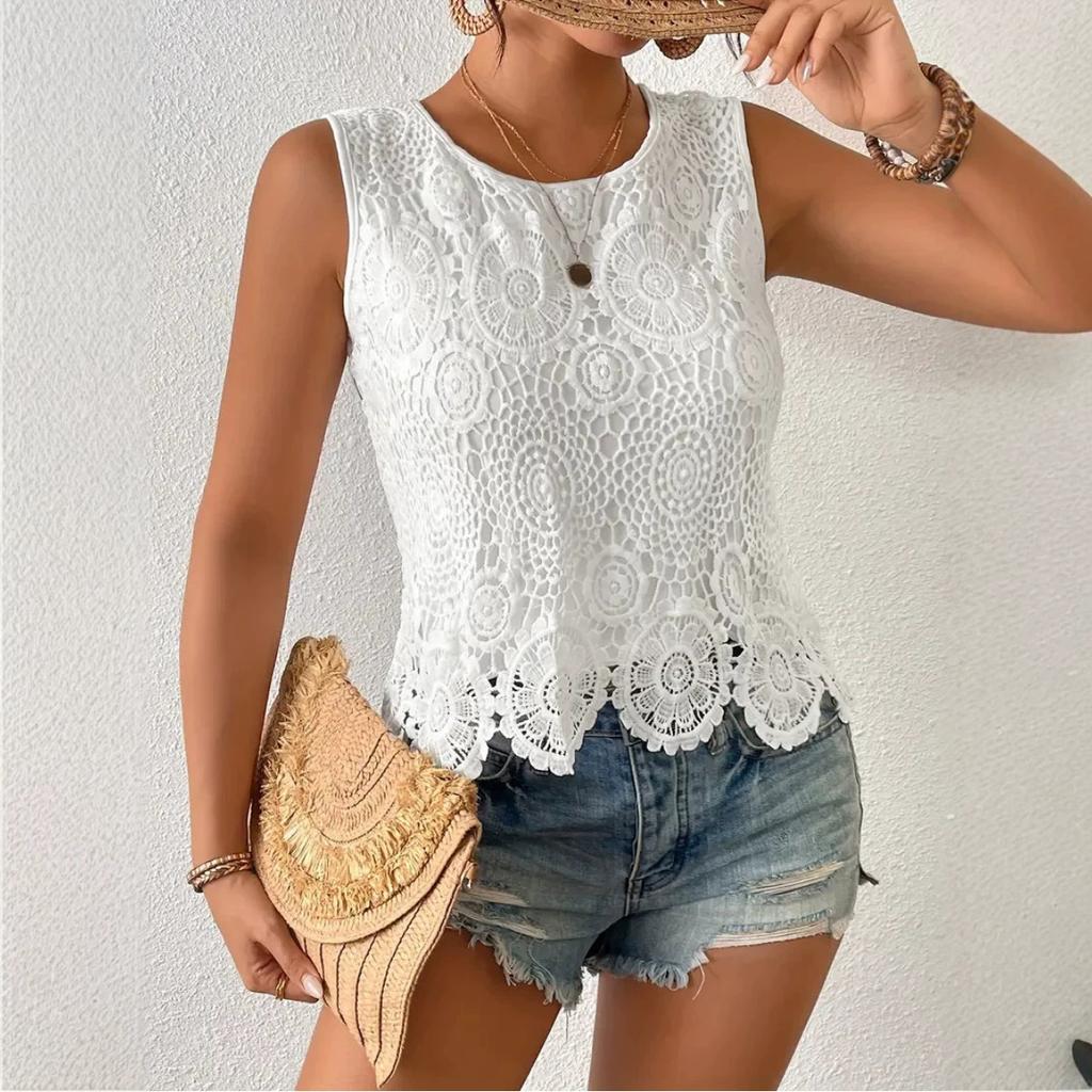 Women Crochet Lace Tank Top Sleeveless Round Neck Hollow Out Summer Boho Beach Top Solid Color Casual Cami
