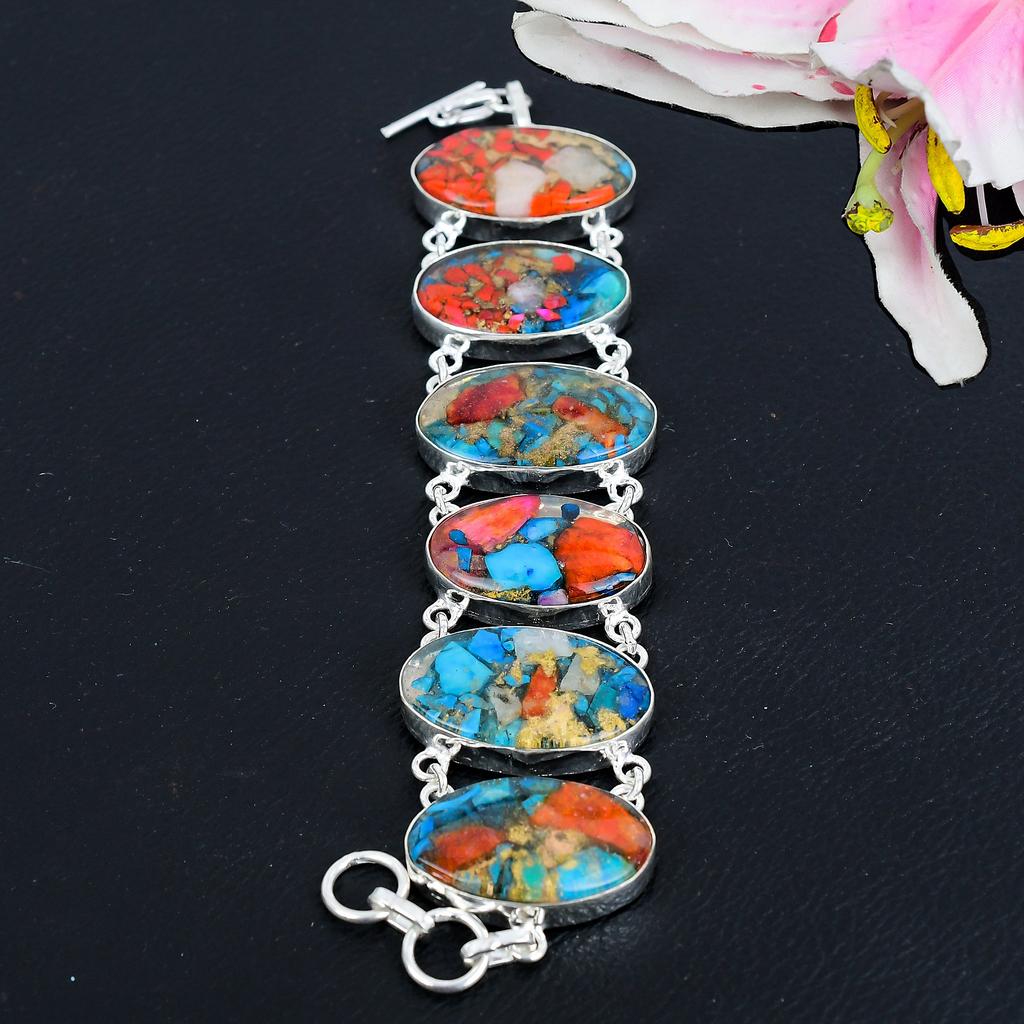Spiny Oyster Gemstone Handmade 925 Sterling Silver Bracelet 7-8" KG-1623