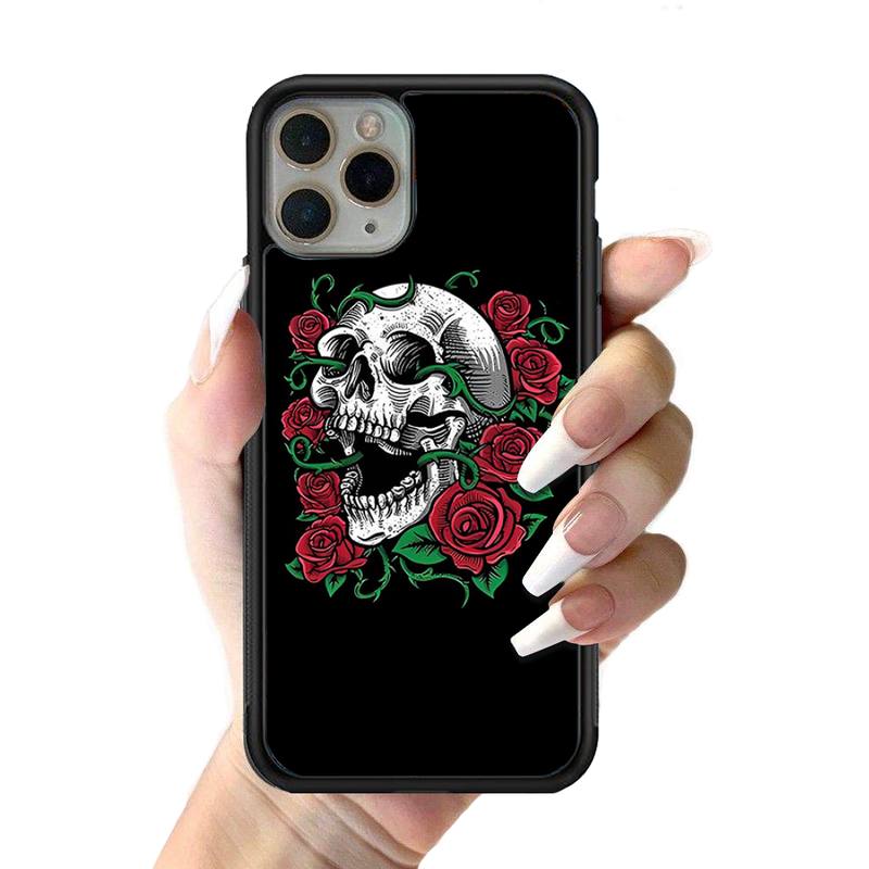 Skeleton Skull Flowers Phone Case Silicone PC+TPU Case for iPhone 11 12 13 Pro Max 8 7 6 Plus X SE XR Hard Fundas
