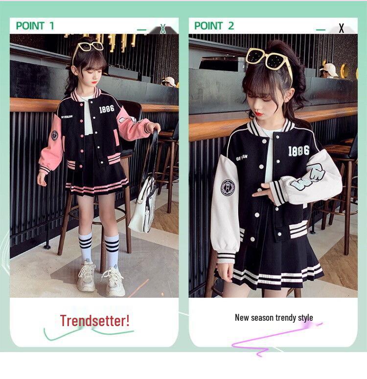2024 Mädchen Koreanischer Stil Baseballjacke & Plisseerock Set - Frühling/Herbst Trendiges Zweiteiler für Große Kinder