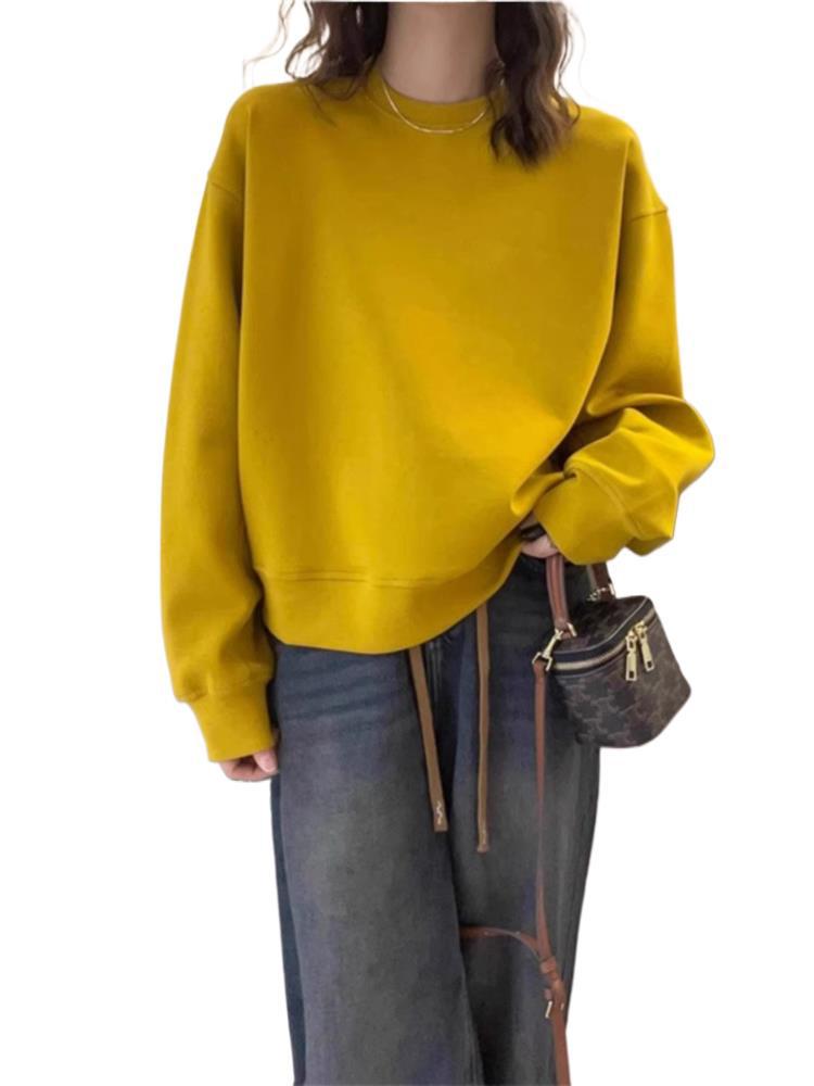 Ginger Yellow Round Neck Women's Korean-Style Loose Sweatshirt - Spring Fashion