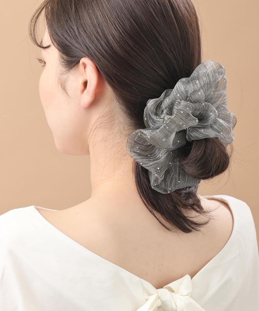VINGTAINE Scrunchie, Organza, Gray, Studs, Stones, Volume, Gorgeous, Chic, Mature, HS-213