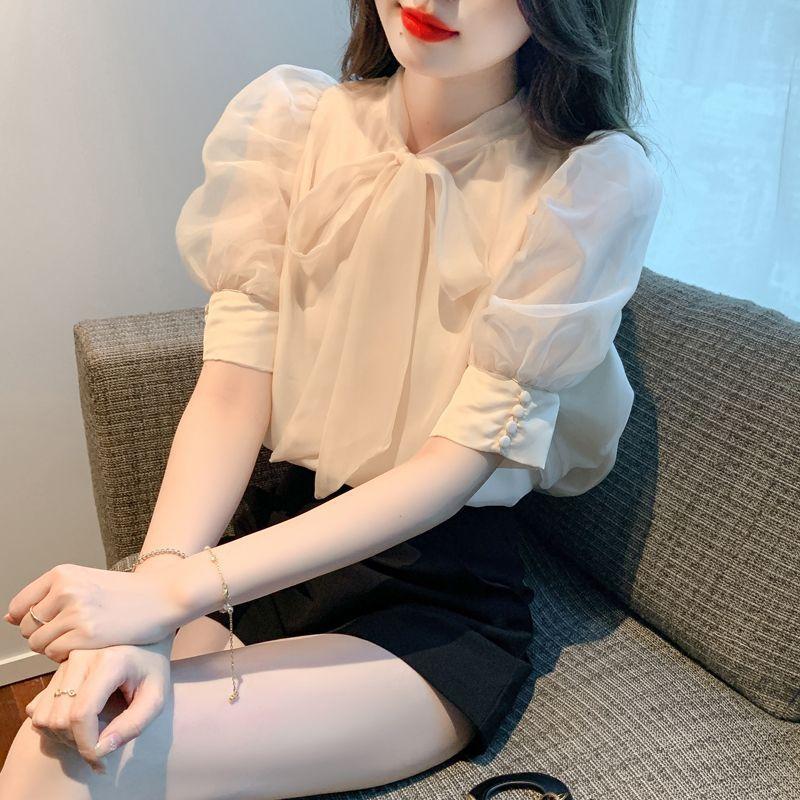 Women's Short Sleeve Blouse Bow Tie Neck Chiffon Top Elegant Commuter Shirt For Summer