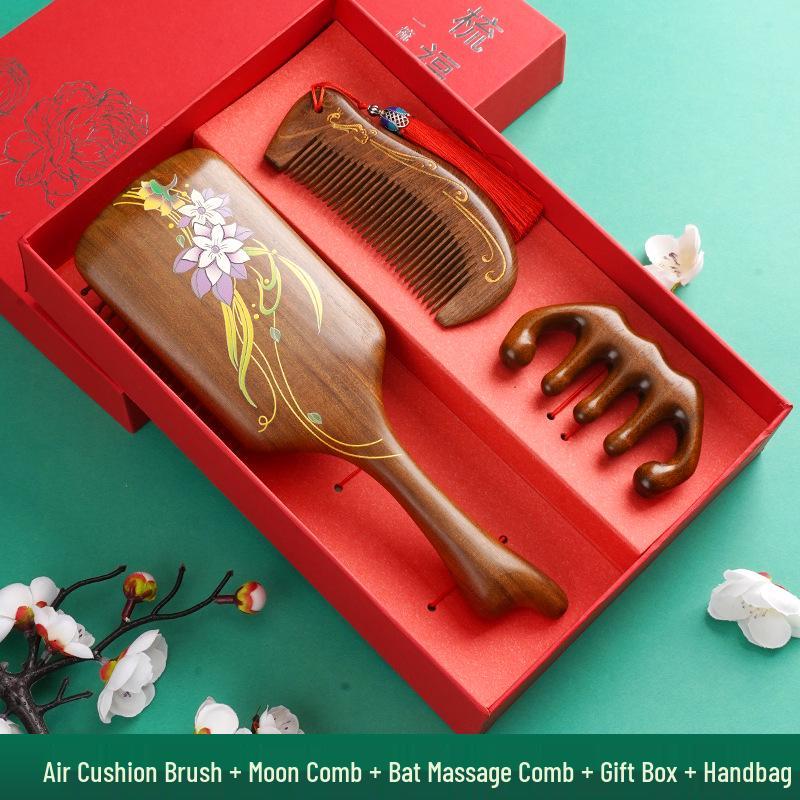 Golden Sandalwood Air Cushion Brush & Wood Comb Gift Set - Scalp Massage Hairdressing Comb for Women, Perfect Nurse's Day Gift.